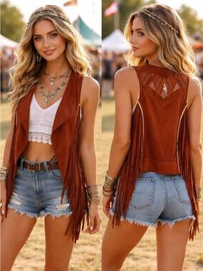 SHYANNE Faux Suede Fringe Embroidered Festival Coastal Cowgirl Vest Size S